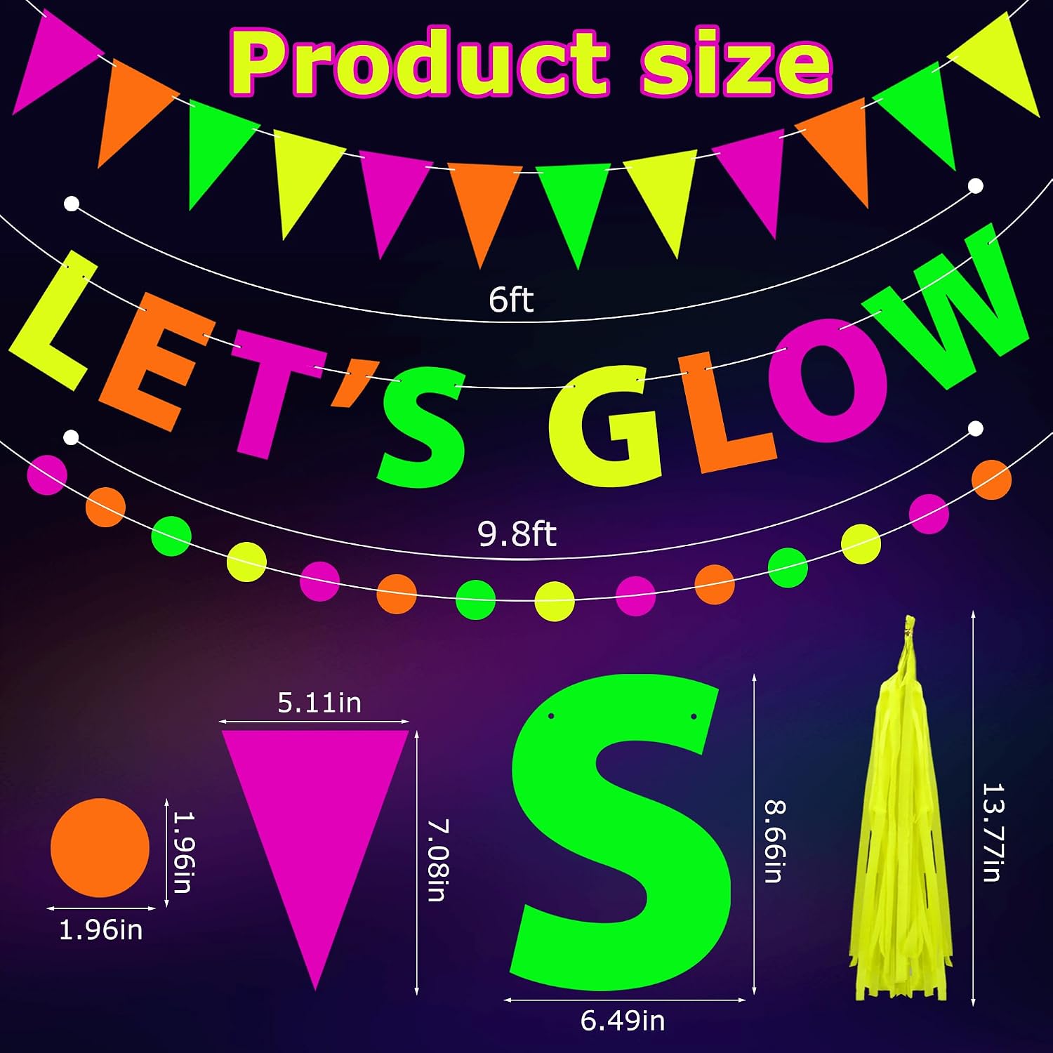 Neon Party Supplies Let's Glow Banner with Paper Tassels Glow in The Dark Pennant Garlands Circle Dots Garland for Neon Birthday Wedding Black Light Party Hanging Decorations