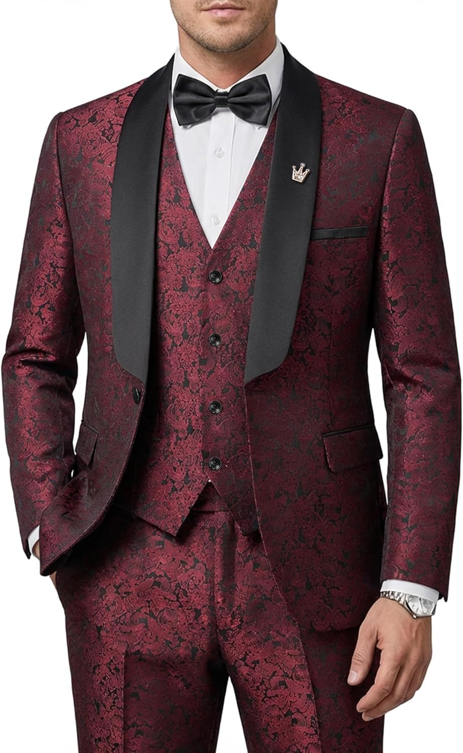 MY'S Men's Floral Tuxedo, 3 Piece Slim Fit Jacquard Suit, Jacket Vest and Pants Shawl Lapel with Bow Tie for Wedding Prom