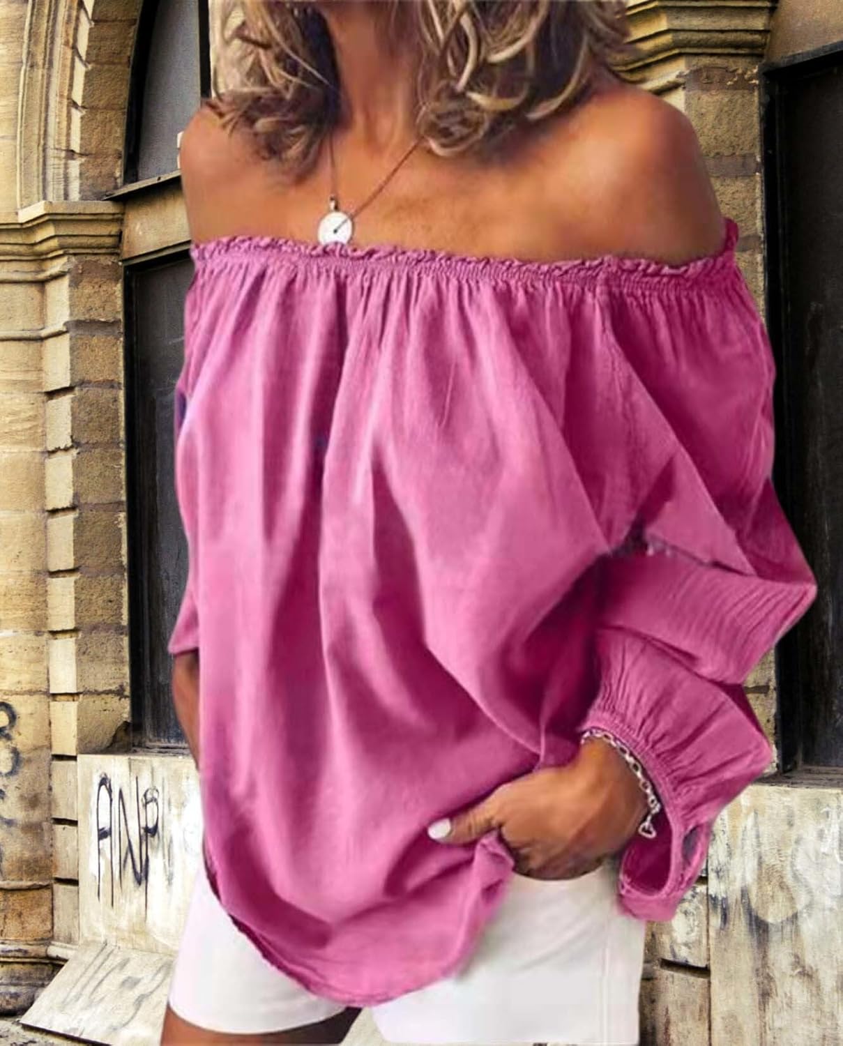 Womens Linen One Shoulder Top Stylish Cotton Long Sleeve Ruffle Balloon Sleeve Shirt for Casual Elegance - Image 2