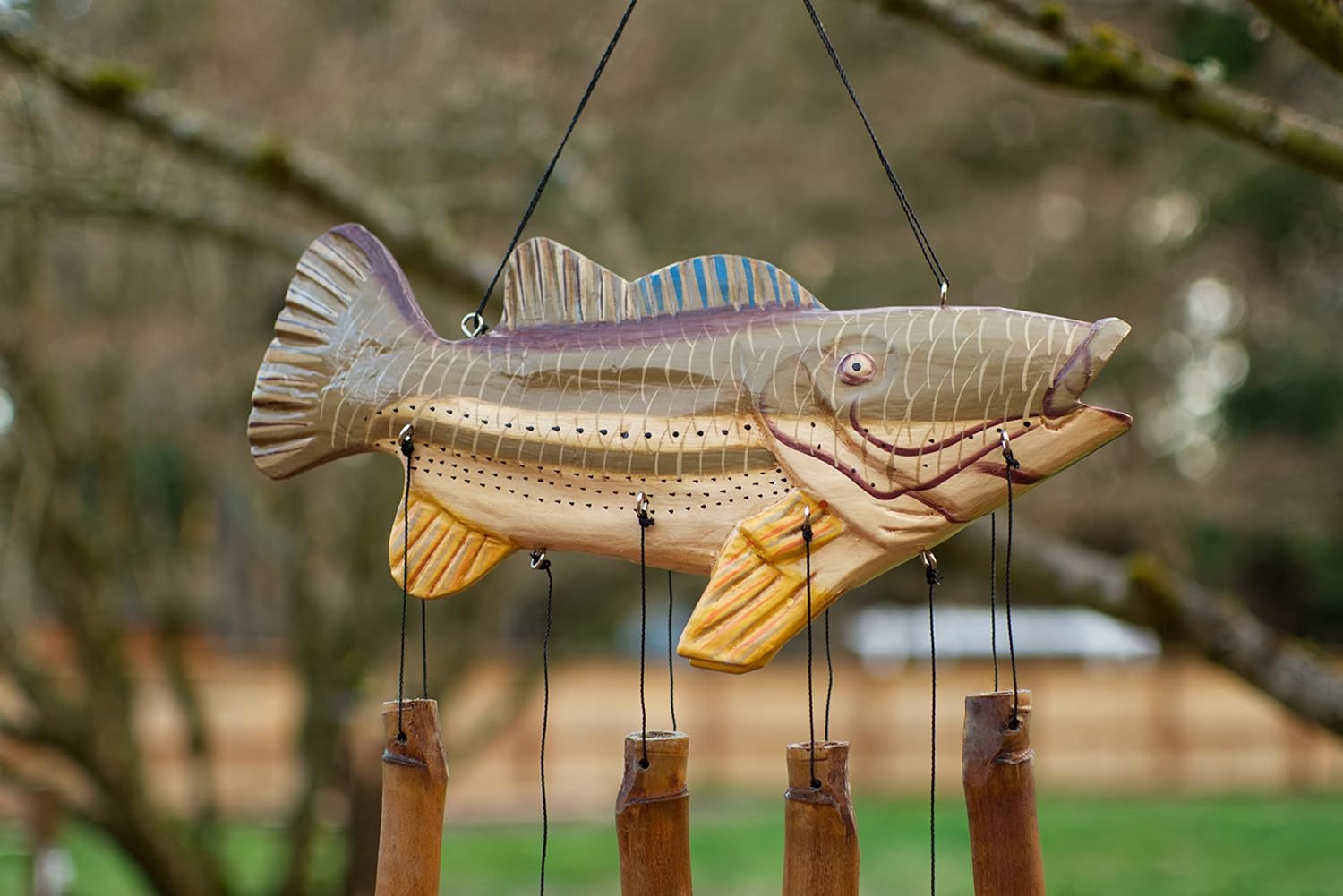 Cohasset Gifts Bamboo Wind Chime | #158 | Big Mouth Bass Bamboo Wind Chime | Wood, Outdoor, Home Décor for Decks, Garden, Porch | Hand Painted Browns |