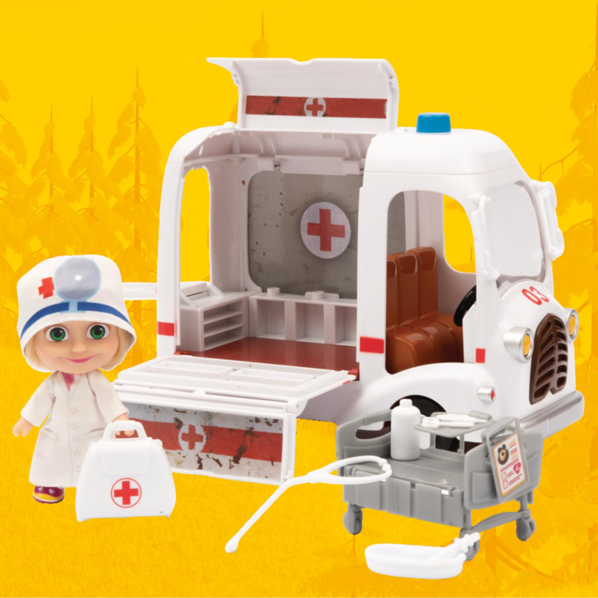 MASHA & THE BEAR - Ambulanza Di Masha E Orso, Veicolo Con Vano Apribile E Bambola Masha Dottoressa Da 12 Cm Inclusa, Ricca Di Accessori, Per Bambini e Bambine dai 3 anni