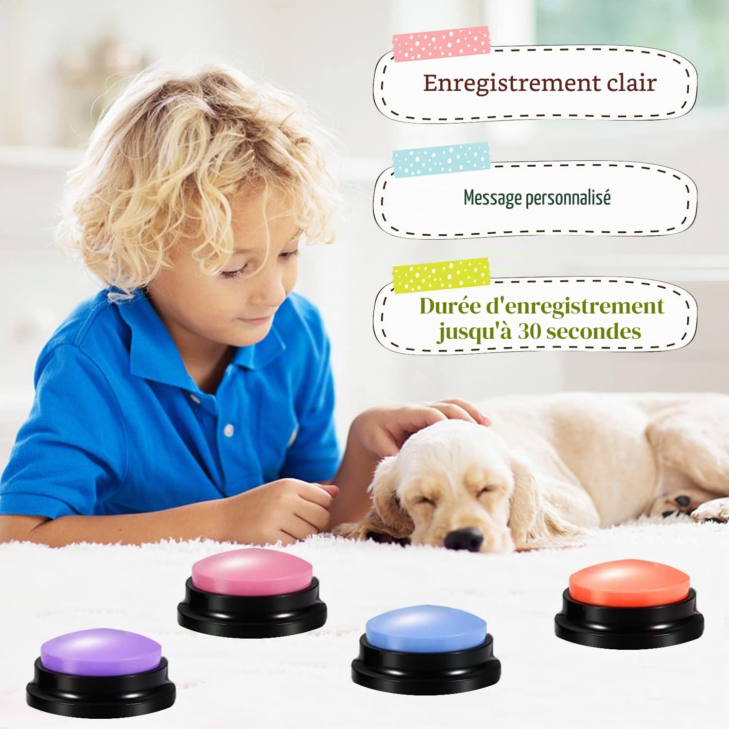 Buzzer Sonnette de Porte pour Chien Buzzer Enregistrable pour Jeux de Questions 4 Pcs Answer Buzzers Chien Bouton Parler Chat Communication Enregistreur Vocal Fluent Pet Button Talking Dog Buttons