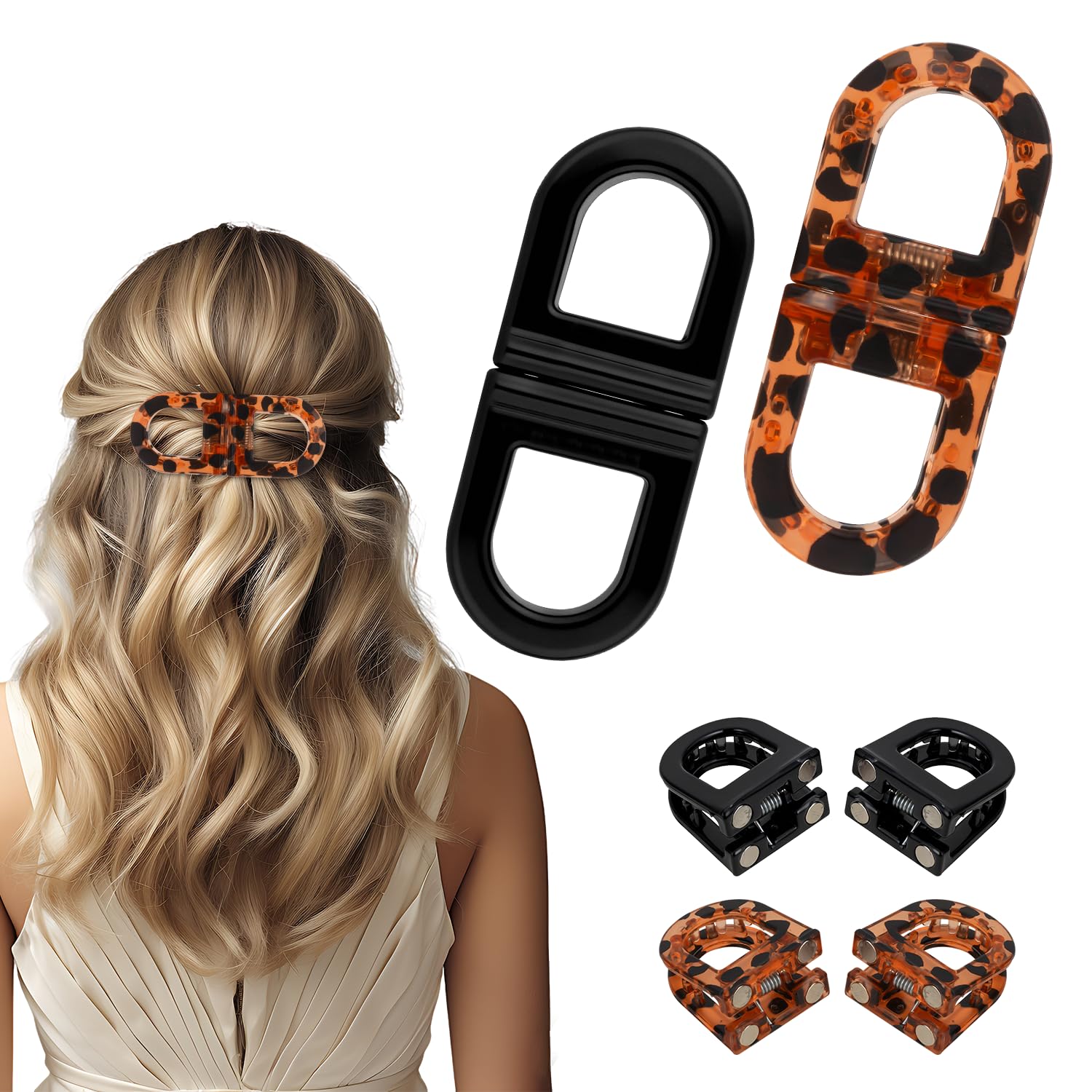 Magnetic Hair Clips for Women - Strong Hold No-Slip No Crease 2-in-1 Hair Styling Clips, Gentle on All Hair Types for Easy Everyday Hairstyles (A: Leopard & Black)