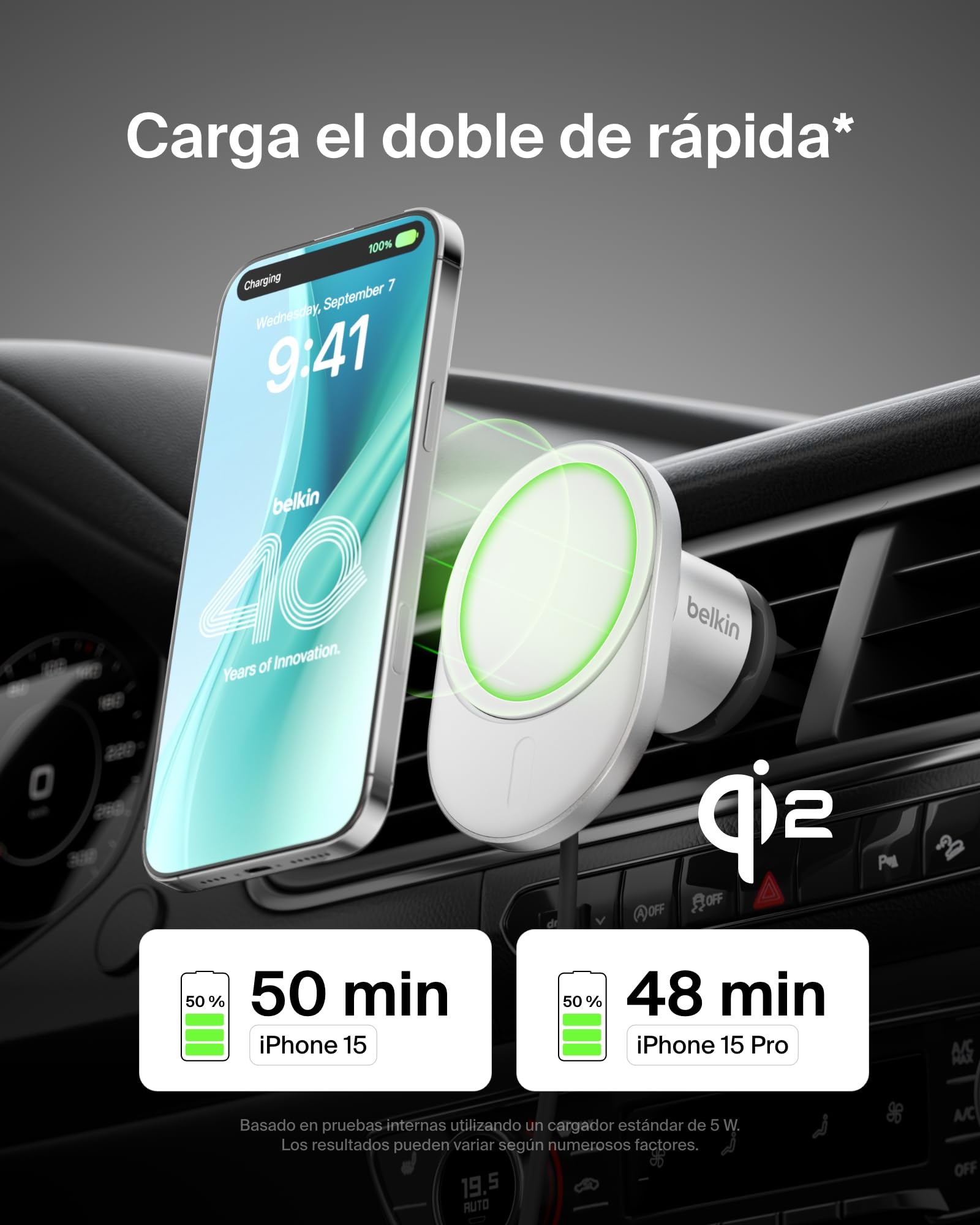Belkin BoostCharge Pro Cargador Magnético Inalámbrico para Coche con Qi2 de 15W, Cargador Compatible con MagSafe para iPhone 17, iPhone Air, Adaptador de Corriente de 20W y Cable USB-C incluidos