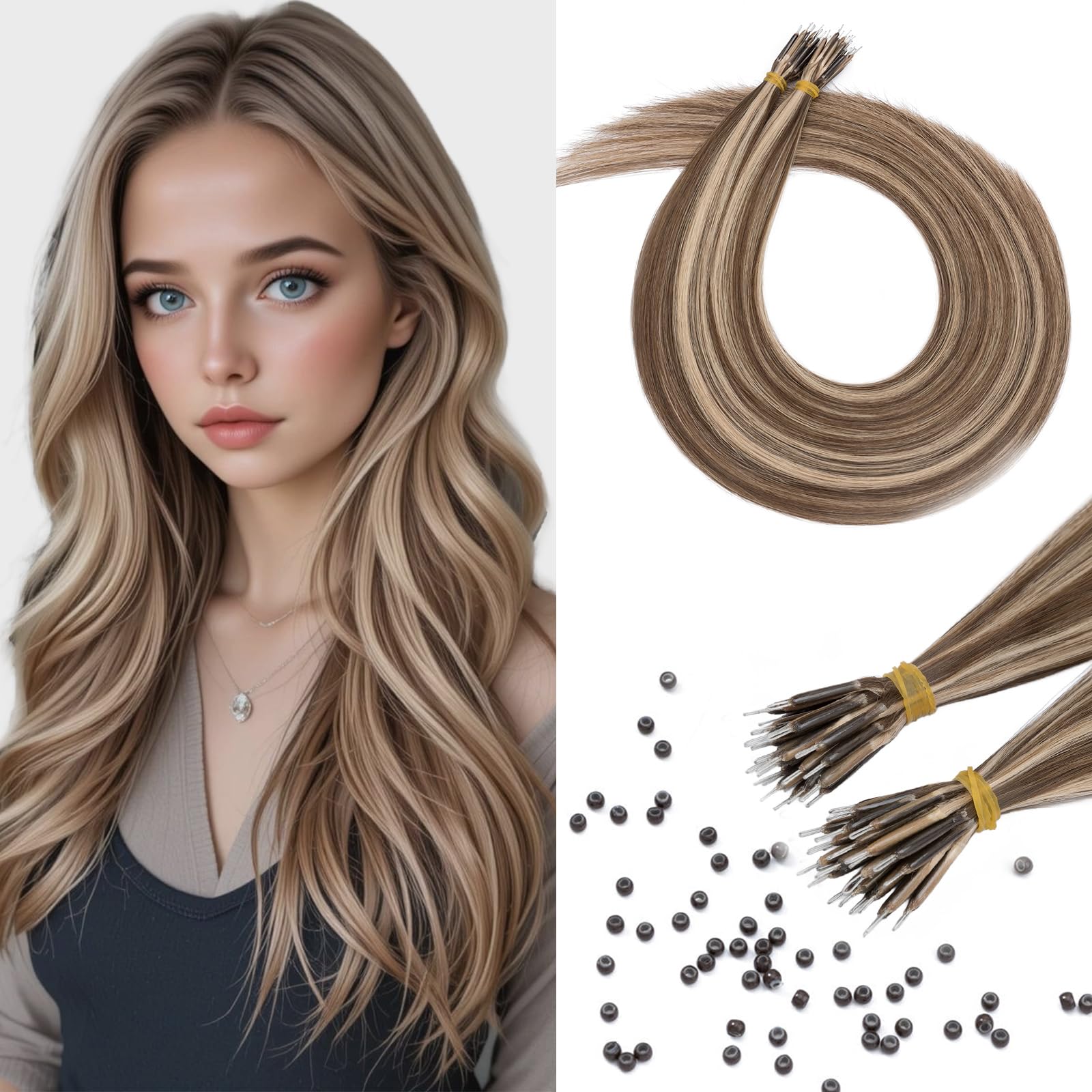 Benehair Nano Ring Hair Extensions Real Human Hair Extensions Nano Straight Remy Invisible 50g/Pack #4/27 Medium Brown Mix Dark Blonde 16 Inches
