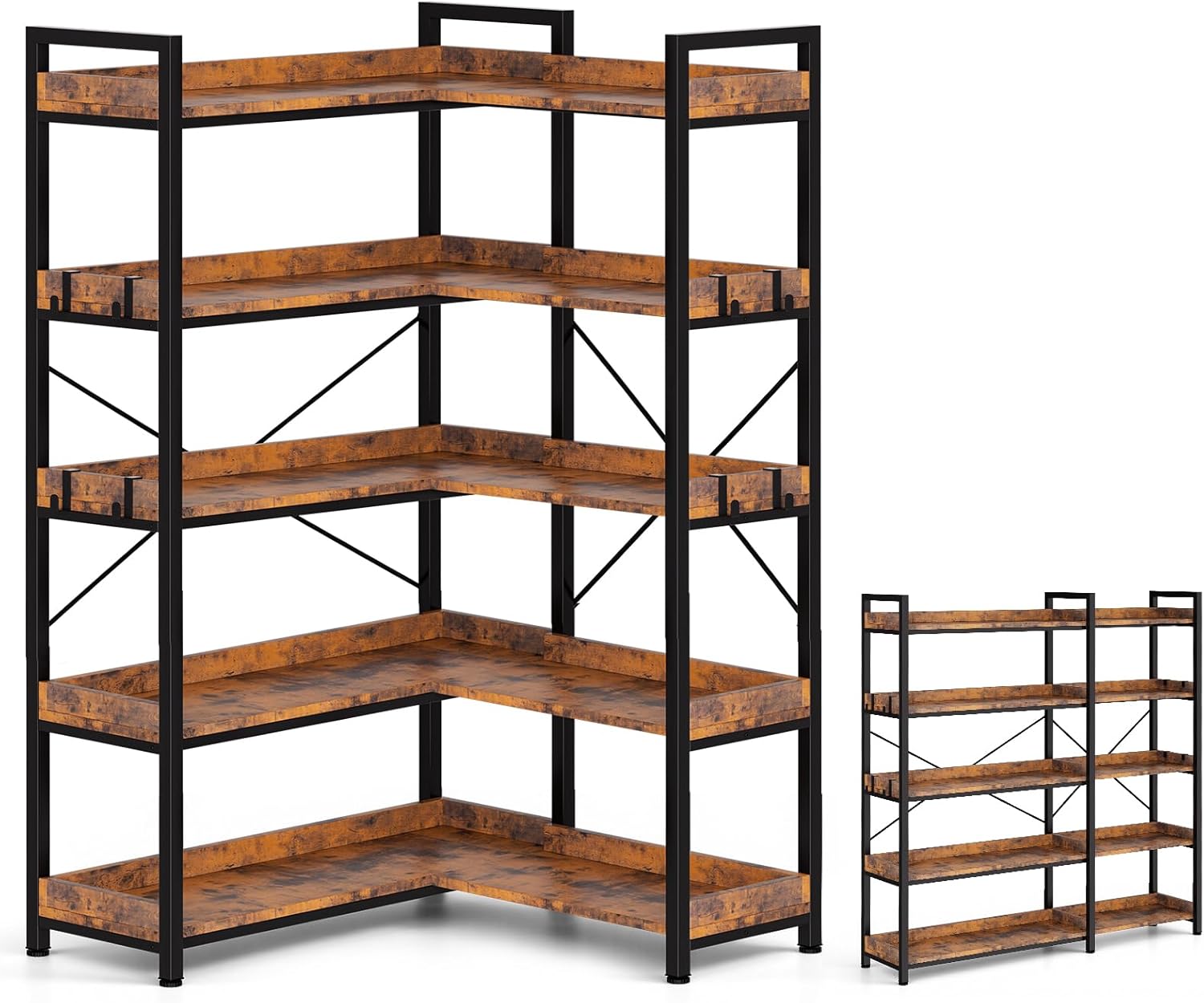 LUCKLIFE Corner Bookshelf 5-Tier L-Shaped Metal Shelf with Tall 14" Shelves, Space-Saving Plant Stand and Storage Organizer for Small Apartments, Living Room or Home Office, Rustic Brown