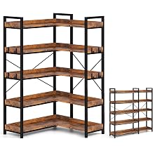 LUCKLIFE Corner Bookshelf 5-Tier L-Shaped Metal Shelf with Tall 14" Shelves, Space-Saving Plant Stand and Storage Organizer for Small Apartments, Living Room or Home Office, Rustic Brown