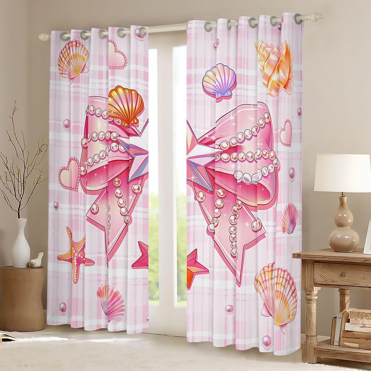 Homemissing Tende oscuranti con fiocco rosa per camera da letto e soggiorno, tende oscuranti con stelle marine e spiaggia, 2 pannelli (larghezza x lunghezza) 167,6 x 228,6 cm (larghezza x lunghezza