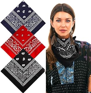باندانات للنساء والرجال، 3 قطع باندانات مزركشة للف الشعر، اربطة رأس وباندانا قطن وسوار خصر وسكارف للشعر بمقاس 22× 22 بوصة