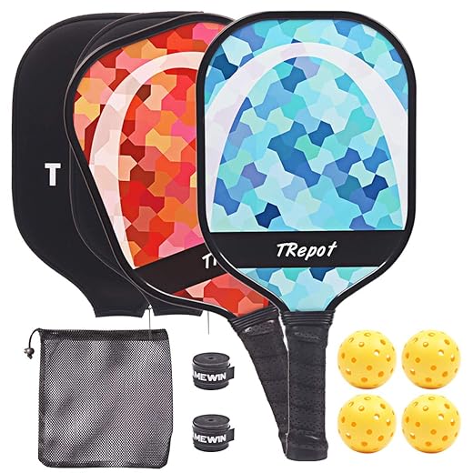 Trepot Pickleball Paddles Set of 2,Graphite Surface Honeycomb Core Polypropylene Lightweight Pickleballs Racket,Includes 4 Pickleball Balls & 2 Protective Cases & 2 Overgrip Rolls (Blue)