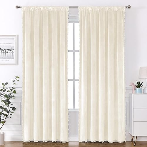 Miniatura 10 de Cortinas de terciopelo con pompones para dormitorio, bolsillo para barra, 52 x 84 pulgadas, cortinas opacas suaves para ventana, oscurecimiento de