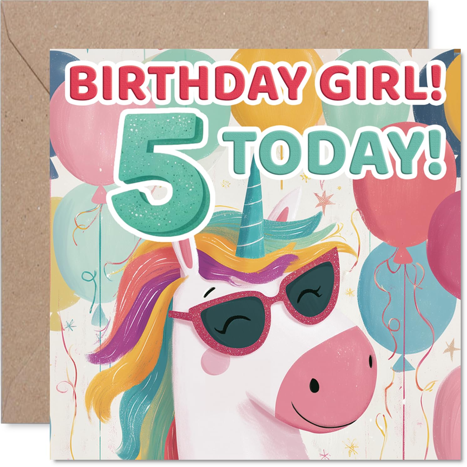 Playful 5th Birthday Card - Unicorn with Sunglasses and Balloons - Colourful Party Vibe for a Magical Celebration - Sure to Make Her Smile - 145mm Square, Envelope Included