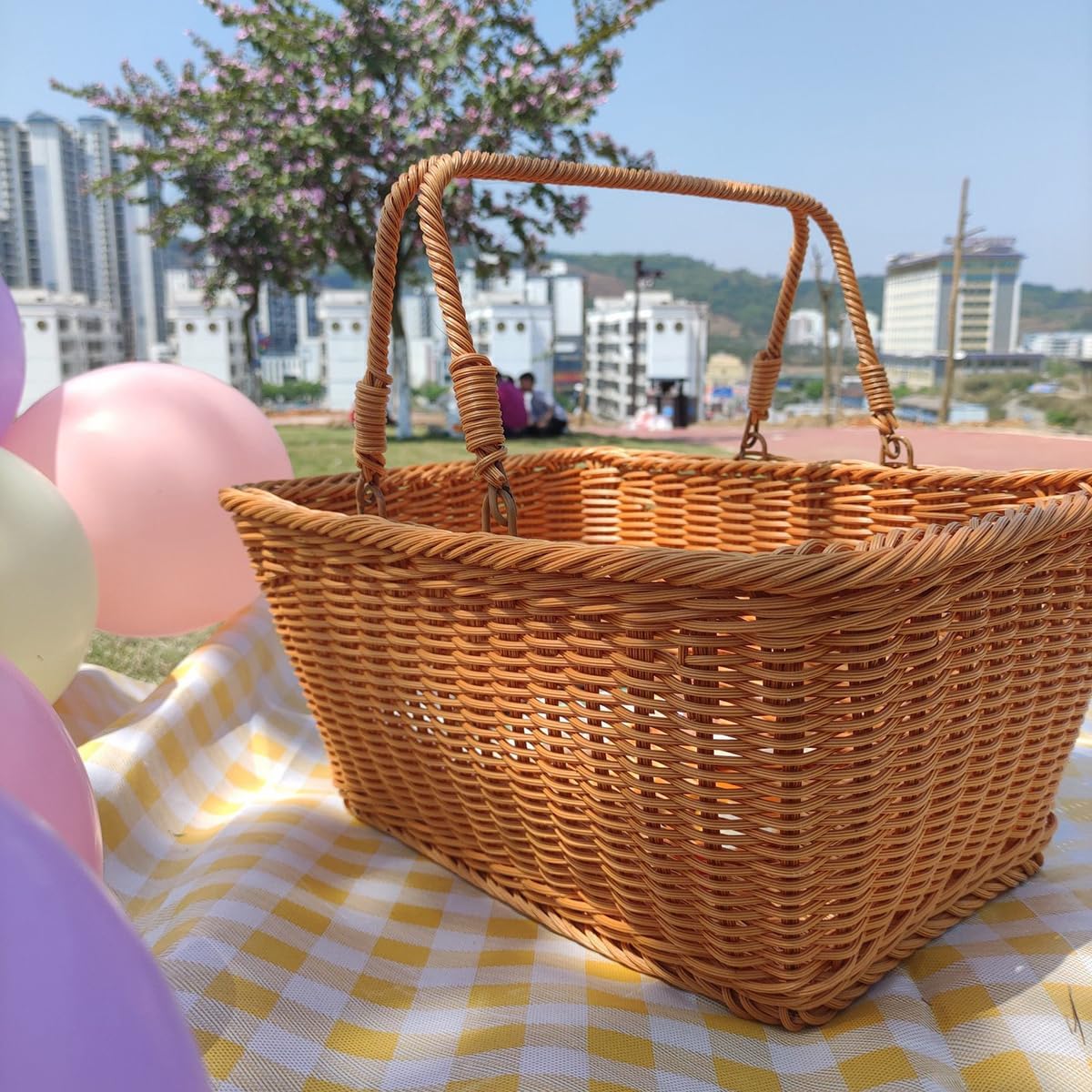 Wicker Picnic Basket with Handle, Easter Baskets Large, Handmade Basket with Handle, Reusable Handwoven Baskets for Easter Picnics Shopping Storage Harvesting (Large, Rectangle)