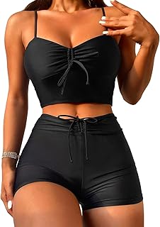 Lilosy Drawstring High Waisted Bikini Set Srting Swimsuit Spaghetti Strap Cami Top and Tie Side Shorts 2 Piece Price In India