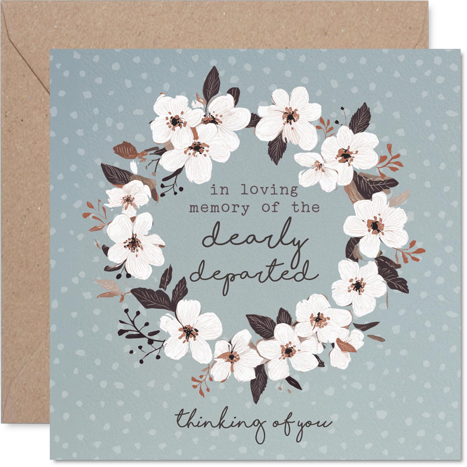 Sympathy Card - Gentle Words in a Difficult Time - Elegant White Floral Wreath on Soft Dusty Blue - 145mm Square, Envelope Included