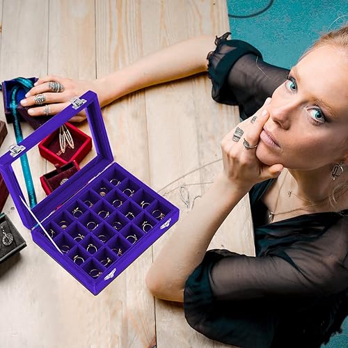 Vista 4 de Lainrrew Bandeja de joyería de terciopelo de 24 cuadrículas, expositor de anillos de joyería, organizador de aretes, caja de almacenamiento