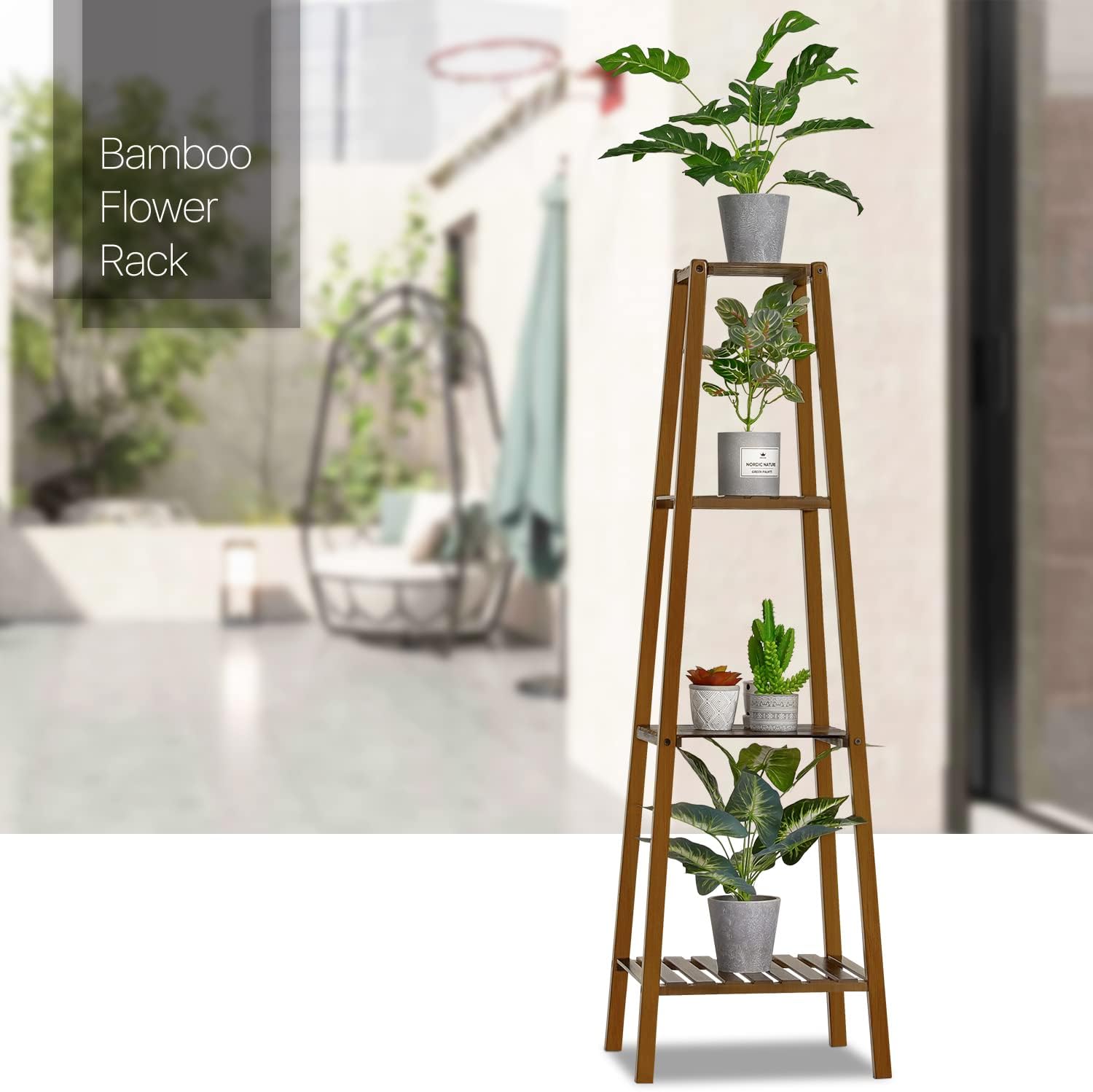 MoNiBloom Bamboo Tall Plant Stand Pot Vase Holder Flower Seasoning Display Shelf Rack Small Space for Patio Garden Balcony Yard Living Room, Brown (4 Shelves, Brown)