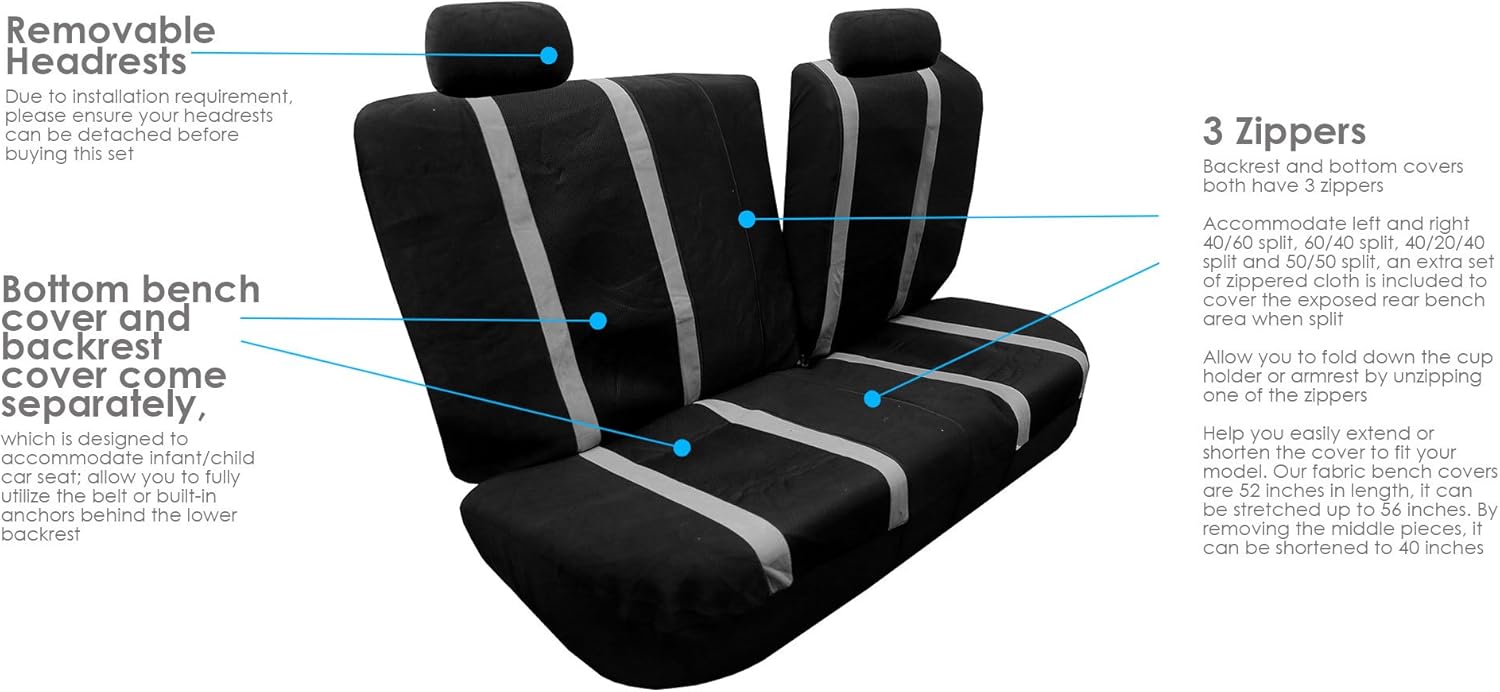 FH Group Automotive Car Seat Covers Sports Full Set Gray Seat Covers, Airbag and Split Rear Universal Fit Interior Accessories for Cars Trucks and SUV with Car Accessories