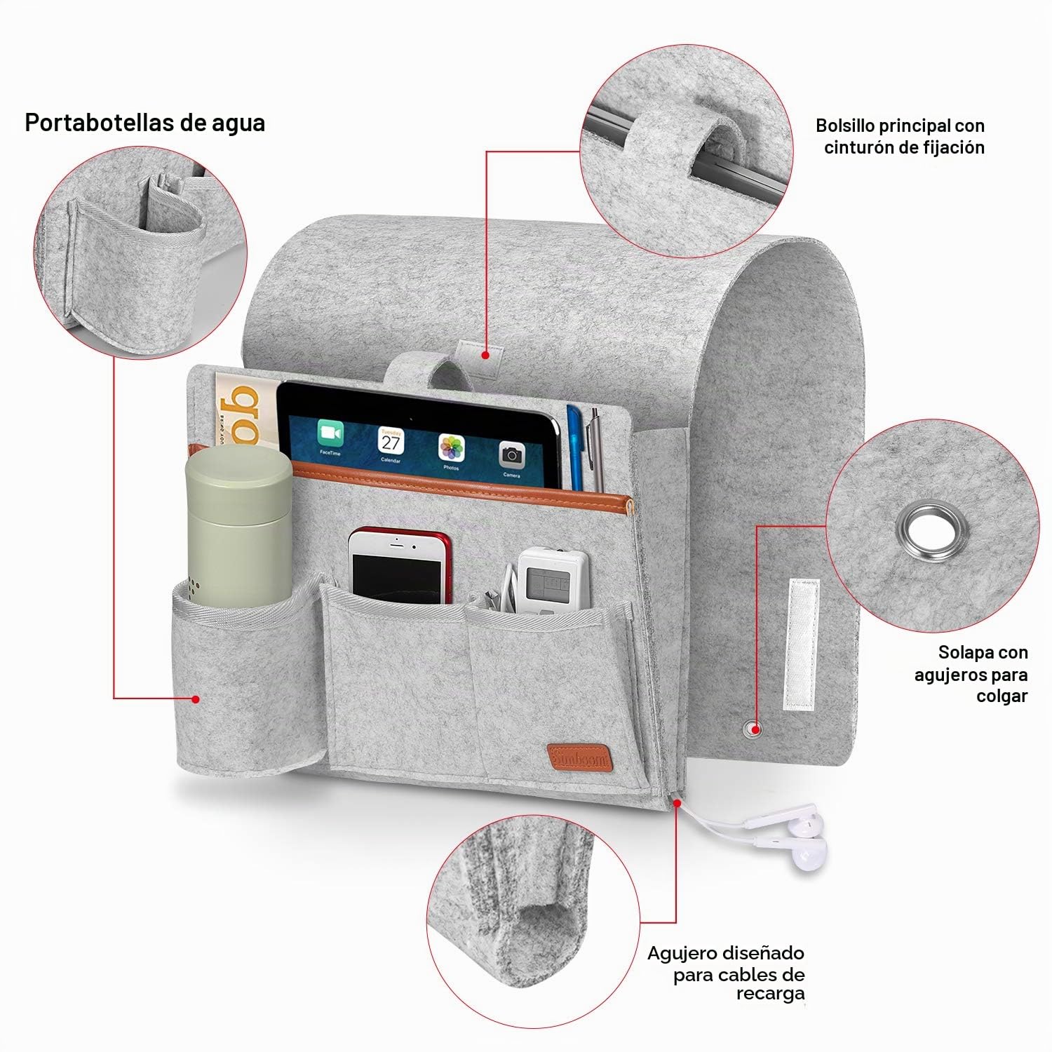 SIMBOOM Organizador de Sofá Sillón Cama, Reposabrazos Soporte de Bolsa para Mandos, Móvil, Gafas, Revistas o iPads - Gris Claro