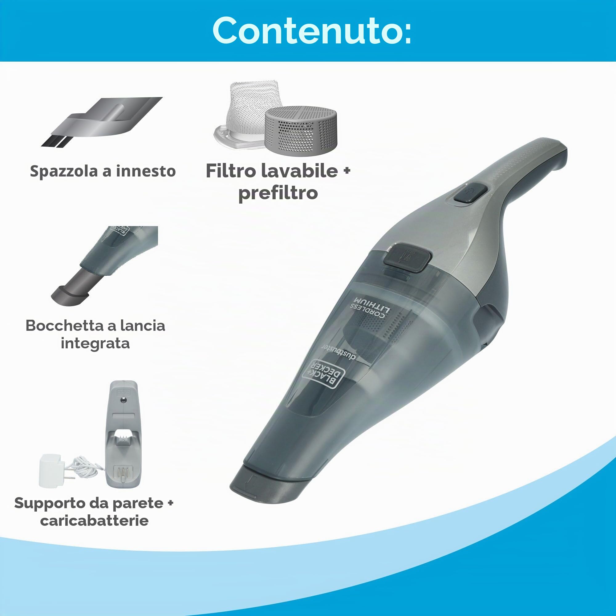 BLACK+DECKER DUSTBUSTER Hand Vacuum HNVC220BCZ01, aspirapolvere a Mano, Miscela, Grigio Scuro, Taglia unica