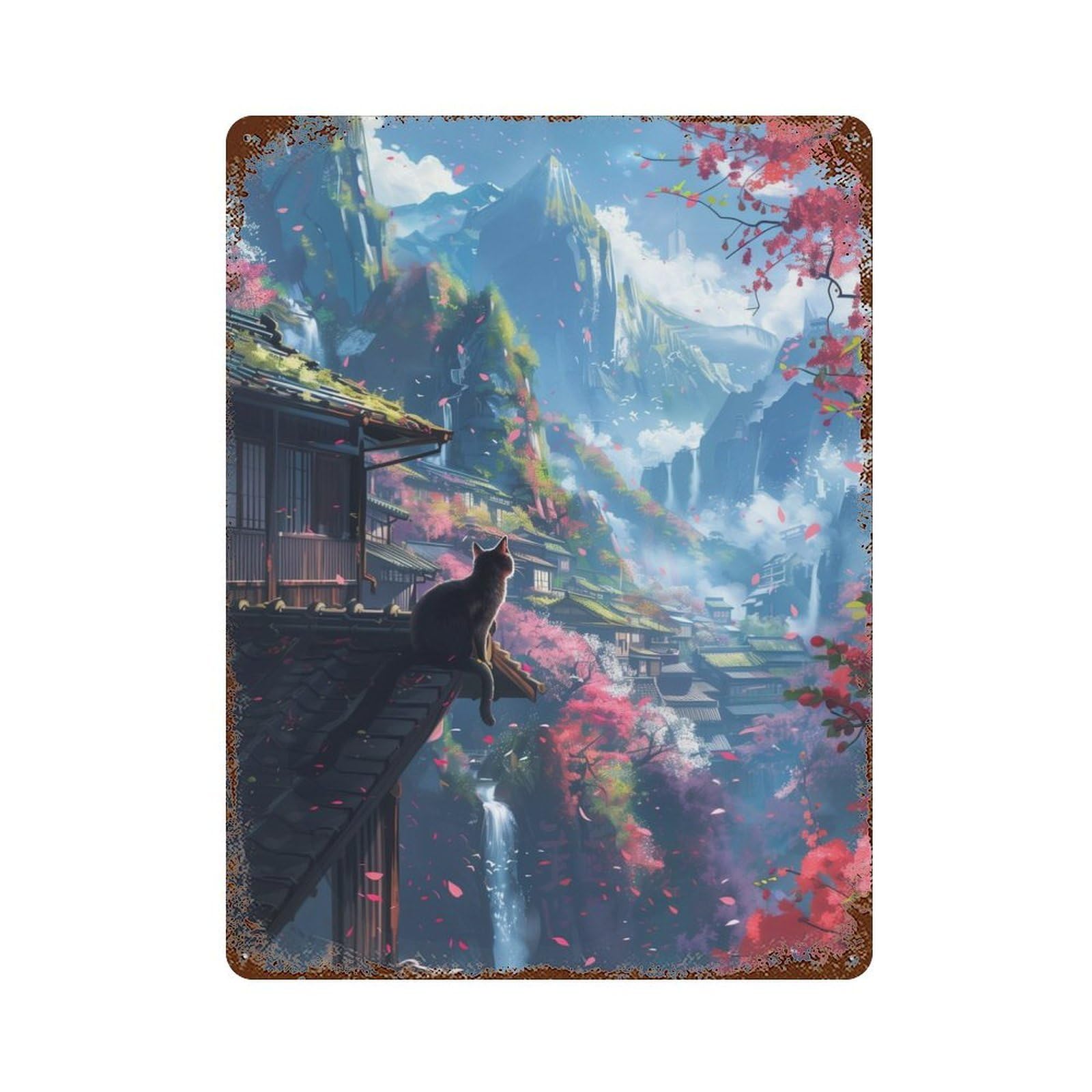 Cat Cherry Blossoms Japan Rust Effect Tin Sign 15.7"x11.8", Ideal for Farmhouse, Kitchen And Entryway Decor