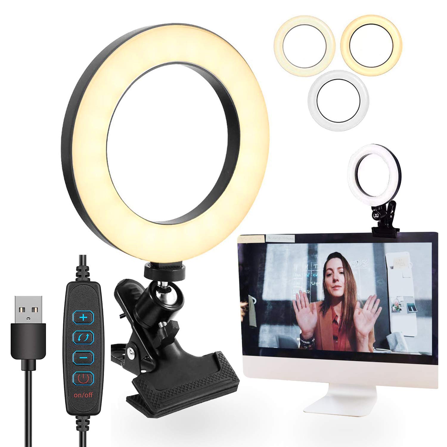 LED Ring Light, Video Conference Lighting Kit, 6" USB Selfie Light with Clamp, 3 Dimmable Colors & 10 Levels of Brightness Photo Zoom Lighting for Laptop Portrait YouTube Video, Vlog, Makeup