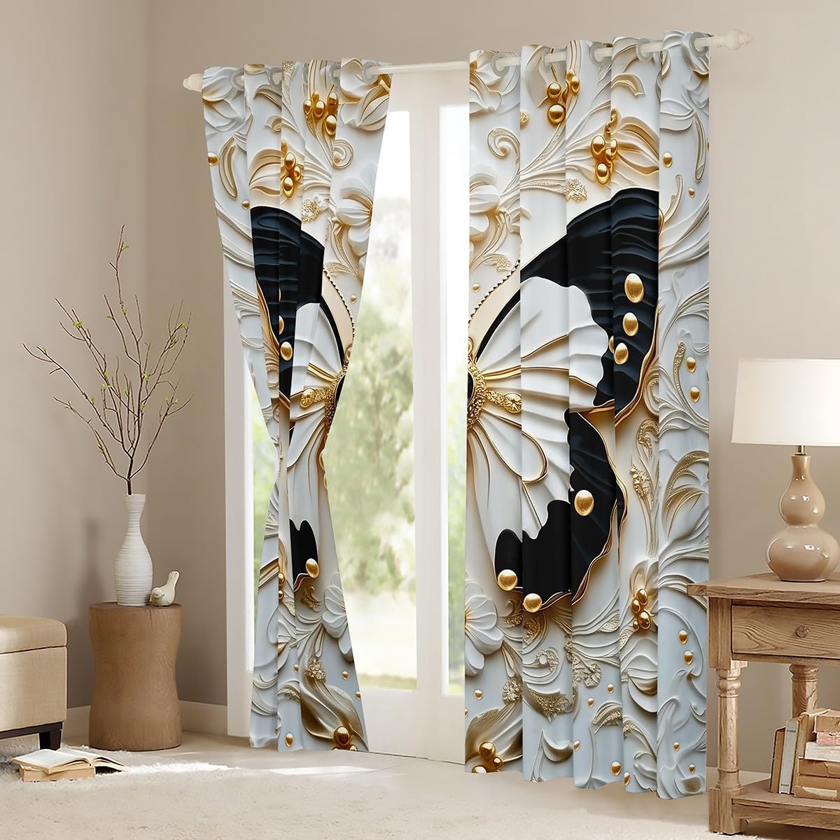 Manfei 3D Butterfly Kids Window Curtains,Golden Flowers Vintage Baroque Window Drapes for Girls Women,Insect Rustic Farmhouse Black White Unique Window Treatments Grommet Top 2 Panel Set,42Wx84L inch