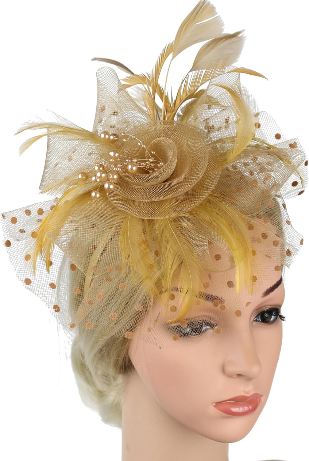 Fascinator Hat for Women, Gold-flower-yumao Tea Party Headband with Hair Clip, Vintage Elegant Special Occasions Fascinator, Black Feather Costume Headband, One Size for Women - Image 2