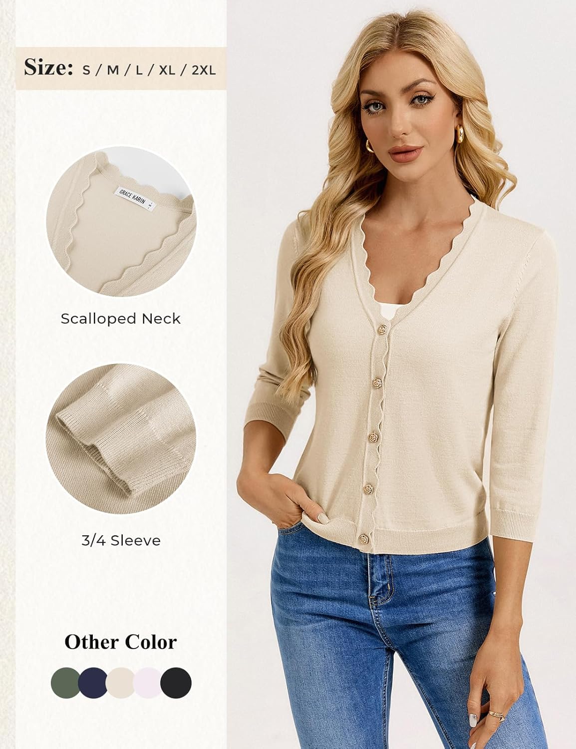 GRACE KARIN Women's 3/4 Sleeve V Neck Button Down Lightweight Cardigan Sweater Open Front Dressy Shrugs Spring Fashion - Image 2