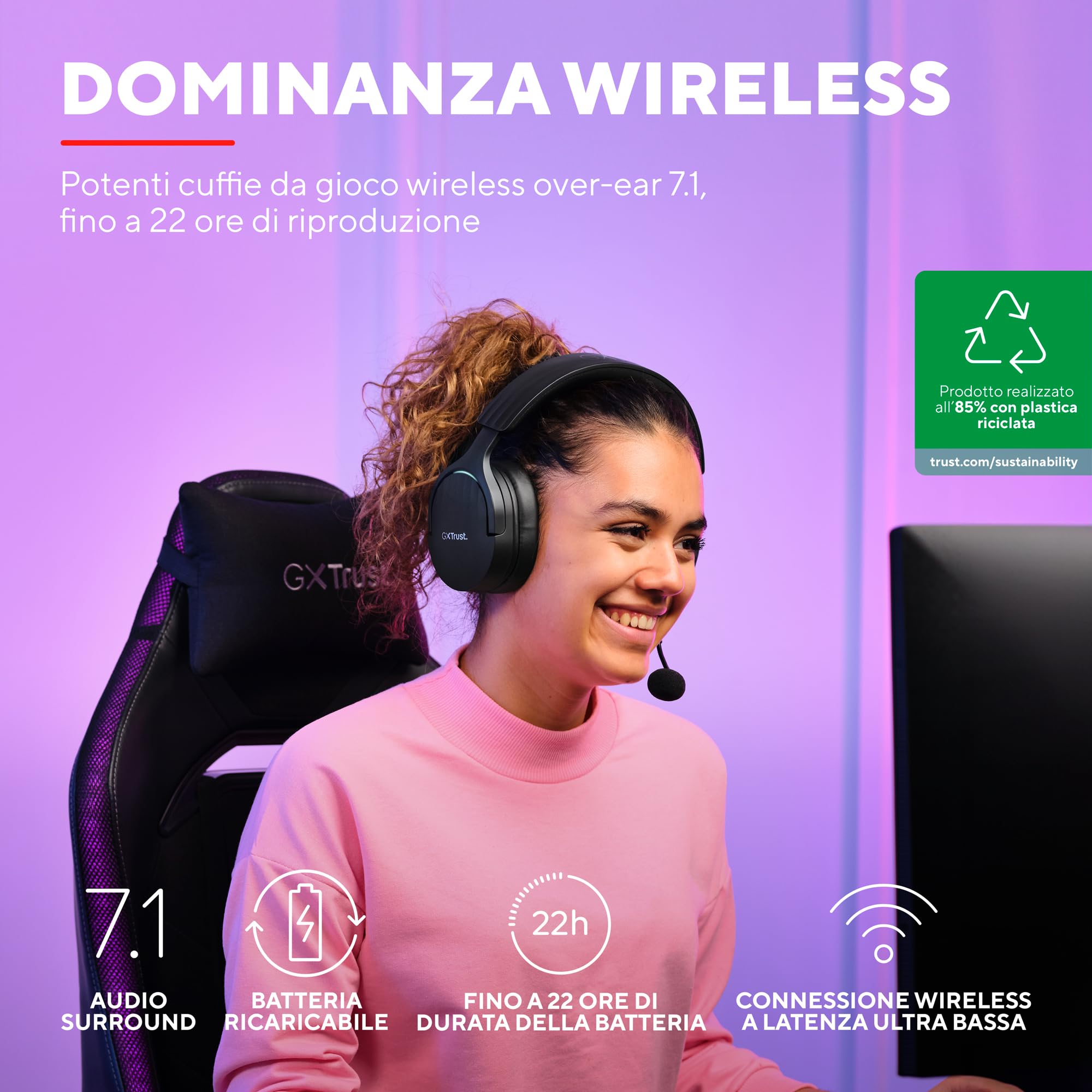 Trust Gaming GXT 491 Fayzo Cuffie Gaming Wireless Bluetooth + 2.4 GHz, Audio Surround 7.1, Batteria da 22 Ore, 85% Plastica Riciclata, RGB Cuffie Bluetooth Over Ear PC PS5 PS4 Switch - Nero