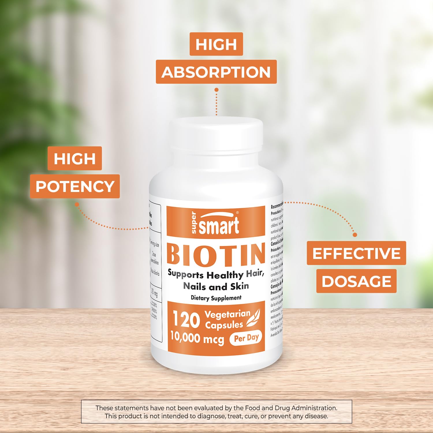 Supersmart - Biotin 10,000mcg / 10g per Day (High Potency) - Vitamin B7 Biotin Supplement - Healthy Hair, Skin & Nails | Non-GMO & Gluten Free - 120 Vegetarian Capsules — Amazon image 3