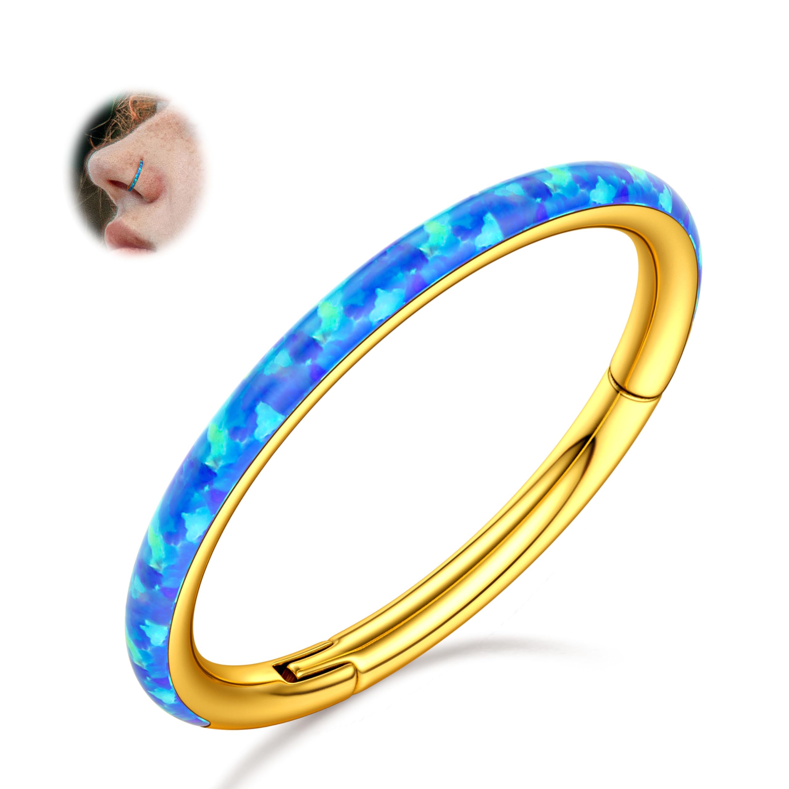 BodyBonita Hinged Opal Nose Rings Hoops - 16G/18G/20G 316L Surgical Steel Hinged Hoop Nose Rings for Women Septum Rings Conch Helix Daith Piercing Jewelry Purple/Pink/Blue/White 10mm/8mm Silver/Gold