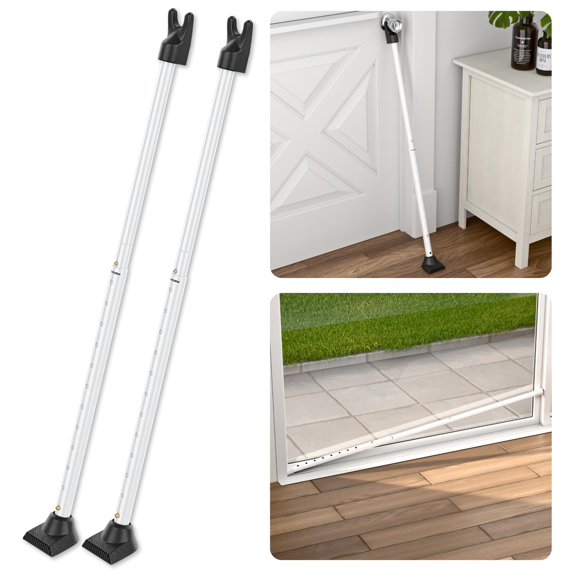 SECURITYMAN 3-in-1 Door Security Bar & Sliding Patio Door Security Bar (2 Pack) via Interchangeable Caps - Heavy Duty Iron Door Stoppers for Home, Apartment, Travel Hotel, Sliding Windows - White