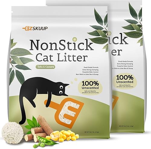 Caja antiadherente de tofu yuca para gatos, paquete de 2 arena para gatos ultra aglutinante de bajo seguimiento, arena natural biodegradable,