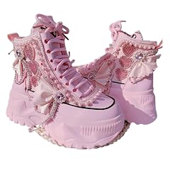 ZQW Chunky Platform High Top Sneakers for Women Round Toe Lace Up Rhinestones Hearts Bowknot Cute Pink Ankle