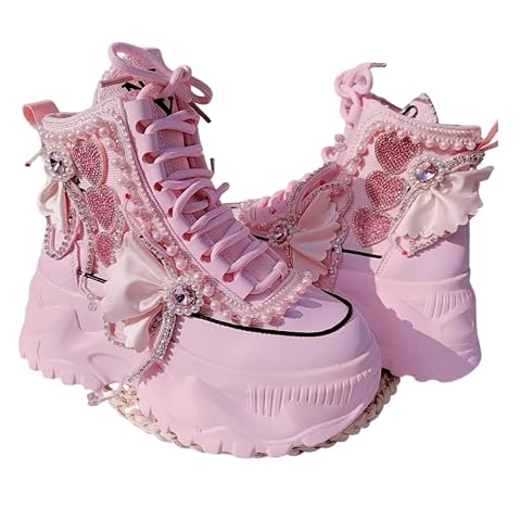 ZQW Chunky Platform High Top Sneakers for Women Round Toe Lace Up Rhinestones Hearts Bowknot Cute Pink Ankle