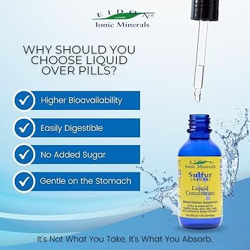 Eidon Ionic Minerals Liquid Sulfur Concentrate Drops - Pure Ionic MSM Supplement, Supports Smooth Skin & Glossy Hair, No Preservatives or Additives, Gluten & Sugar Free - 2 oz