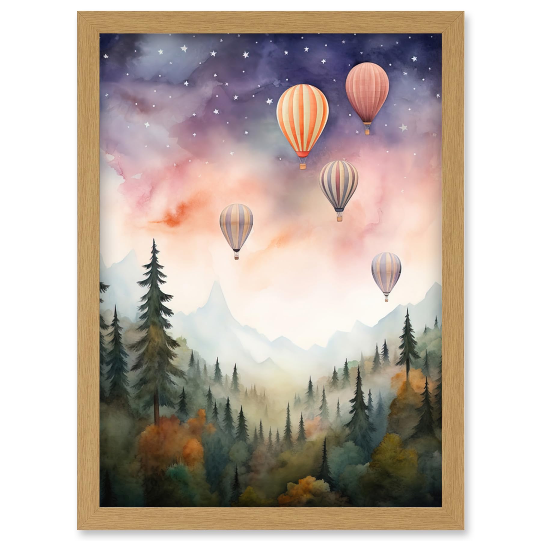 Artery8 Kids Watercolour Painting - Hot Air Balloons Over Misty Forest Landscape - A4 - Orange Green Purple