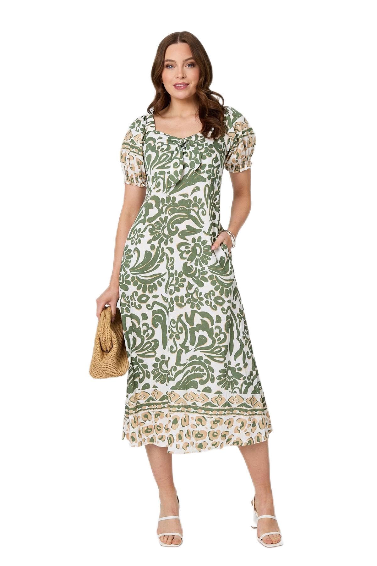 Izabel London Women's Multicolor Printed Tie Front Puff Sleeve Midi Dress | Size: 10