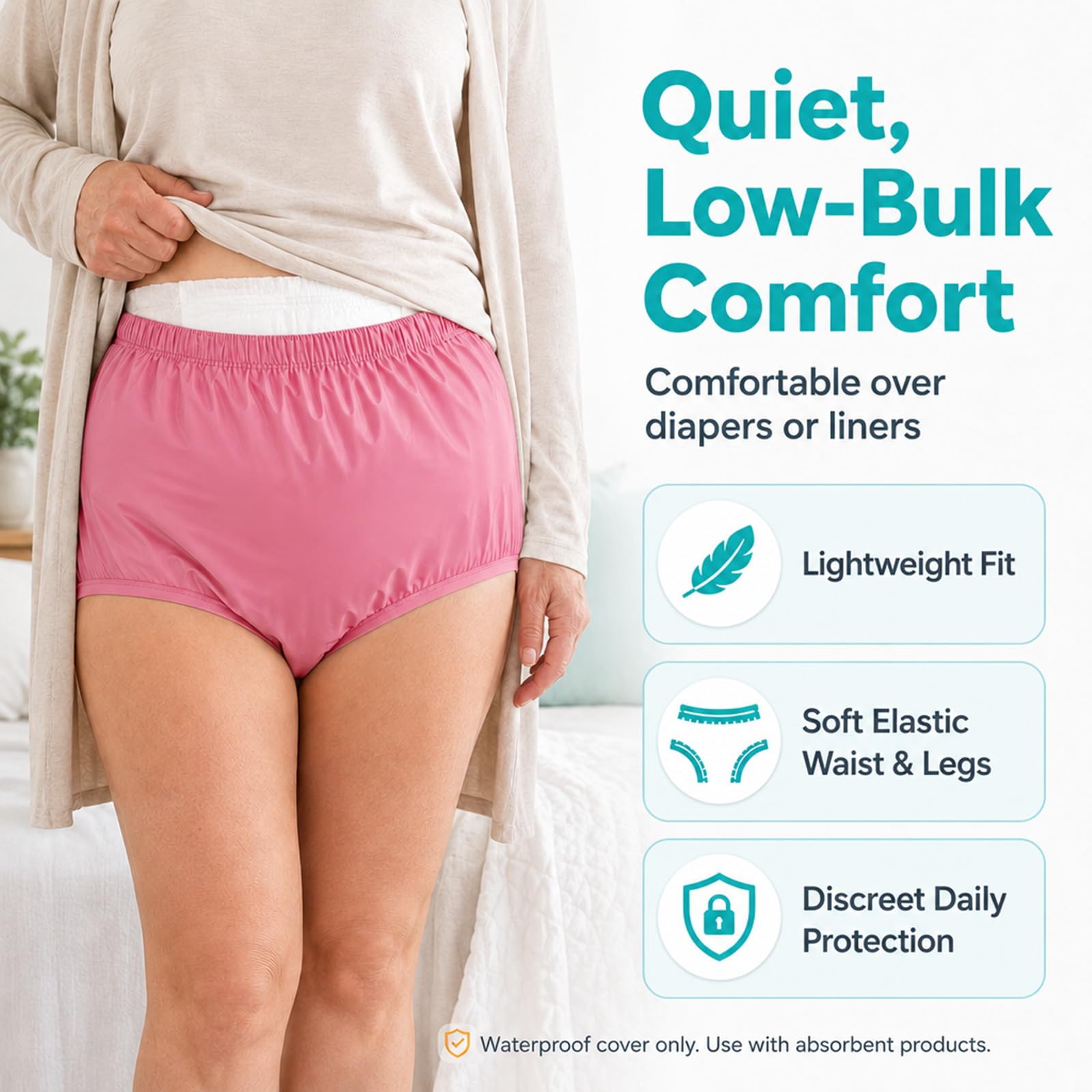 AQX Lot de 2 culottes étanches pour adulte pour incontinence, lavables à faible bruit et réutilisables, en plastique gris, taille M, rose