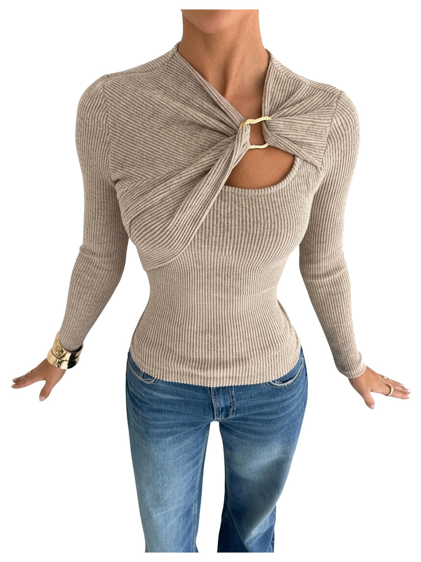 GORGLITTER Womens Fitted Y2k Sweaters Cropped Metal Cut Out Long Sleeve Light Weight Wrap Knit Sweater Tops