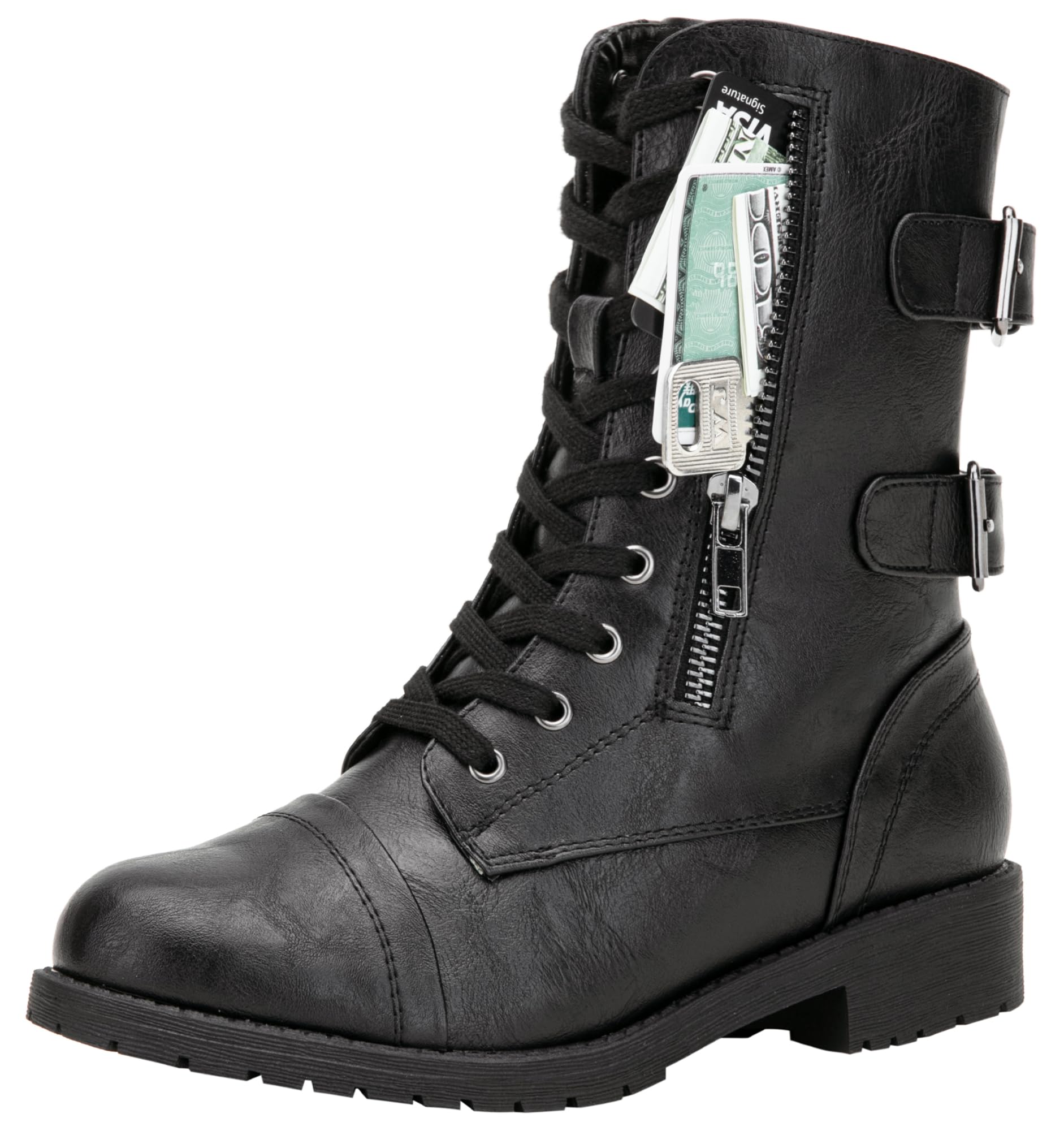Vepose Women's Combat Boots Low Heel, Mid Calf Military Boots with Card Knife Wallet Pocket