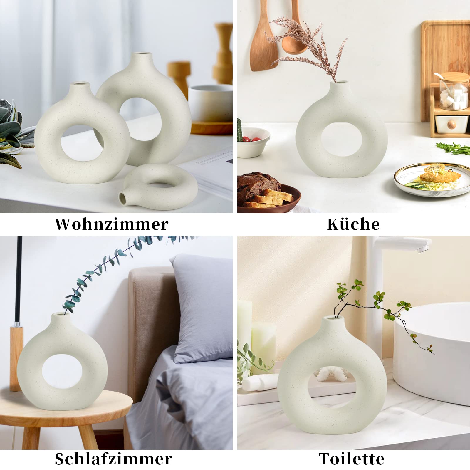 BASVII Kleine Vase Donut-Design – Keramik Vase Für Pampasgras, Boho-Deko, 3 Größen (S/M/L) | Weiß, Matt, Handgefertigt – Wohnzimmer, Fensterbank, Esstisch