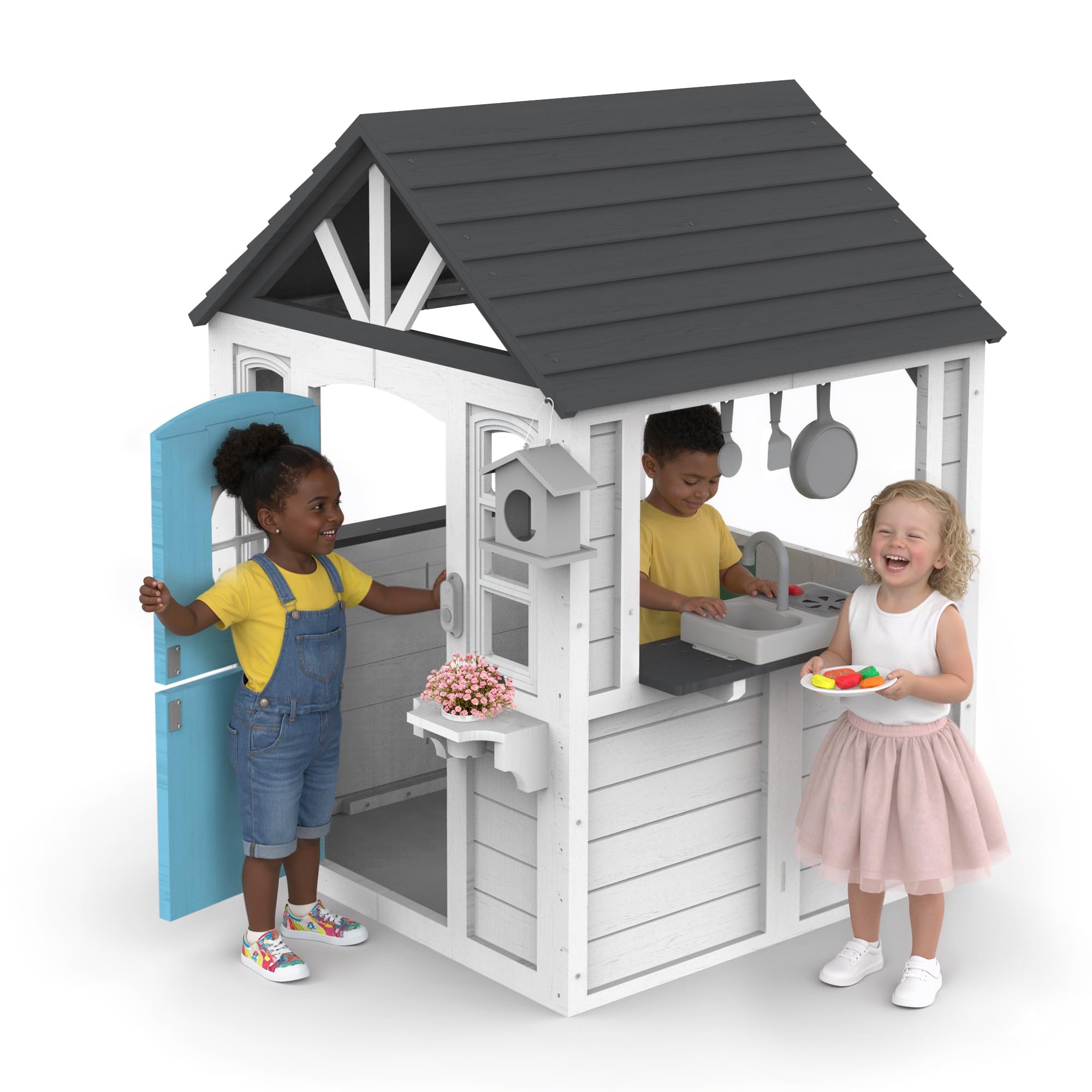 Kids Playhouse – Outdoor & Indoor Playset, Modern White Cedar Wooden Playhouse for Ages 3–8 with Split Dutch Door, Functional Kitchen Set (Includes Stove, Sink), Interactive Doorbell (White)