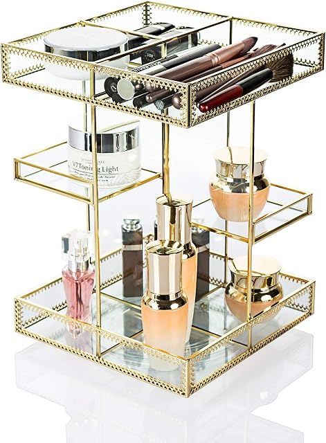 DAWOO Makeup Organizer Antique Countertop Cosmetic Storage Box Mirror Glass Beauty Display, Gold Spin Large Capacity Holder for Brushes Lipsticks
