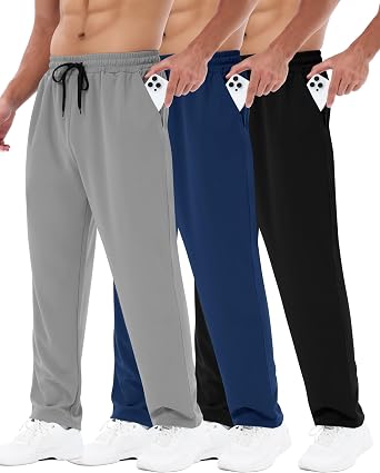 3 Pack Mens Sweatpants with Pockets - Mesh Open Bottom Athletic Joggers