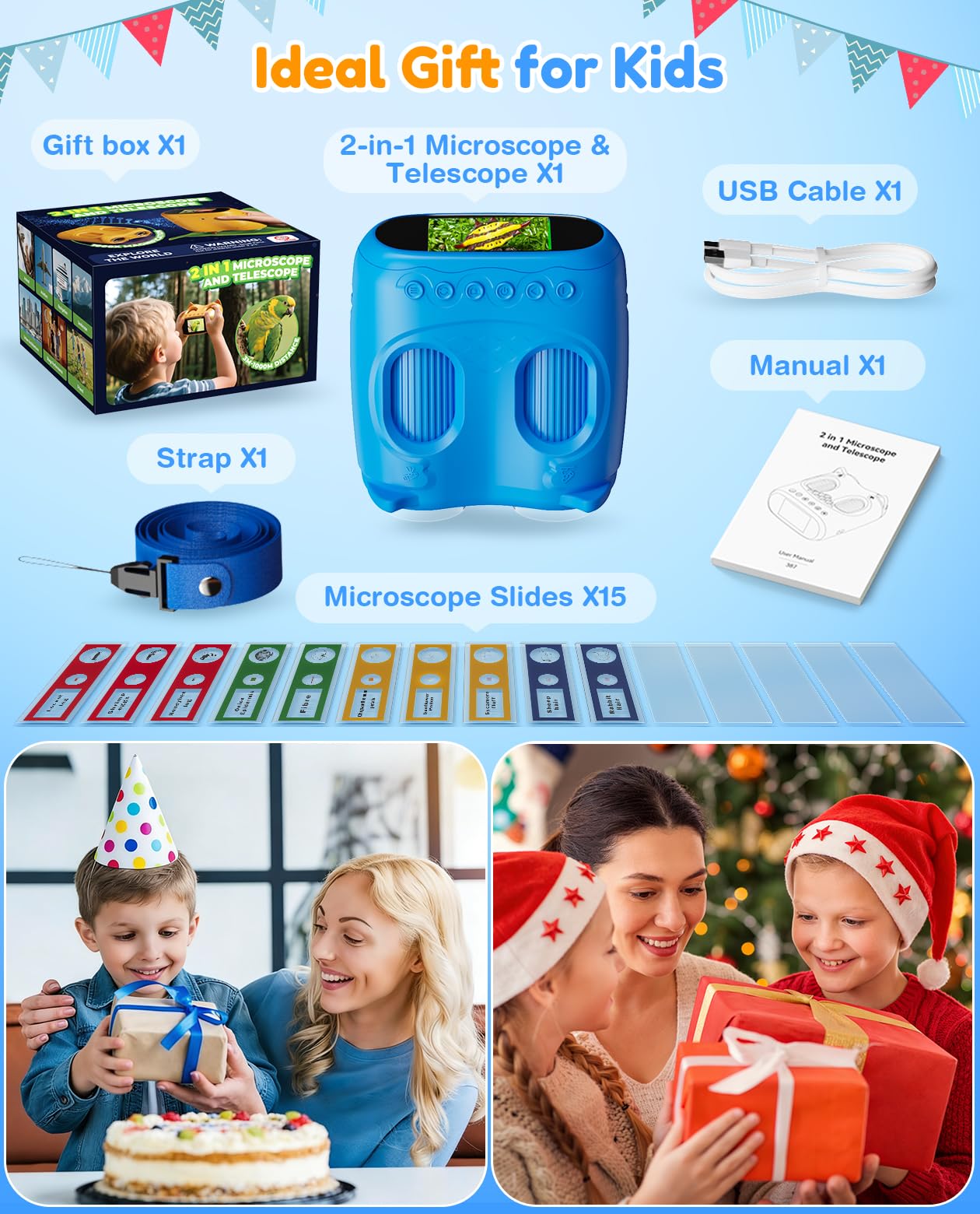 Microscope Numérique Portable 1000X pour Enfant: Miniscope & Télescope 2-en-1 avec Écran IPS 2,0" 4K, Loupe Portable STEM, 15 Lames, Jouet Rechargeable, Cadeau pour Garçons et Filles 4-12