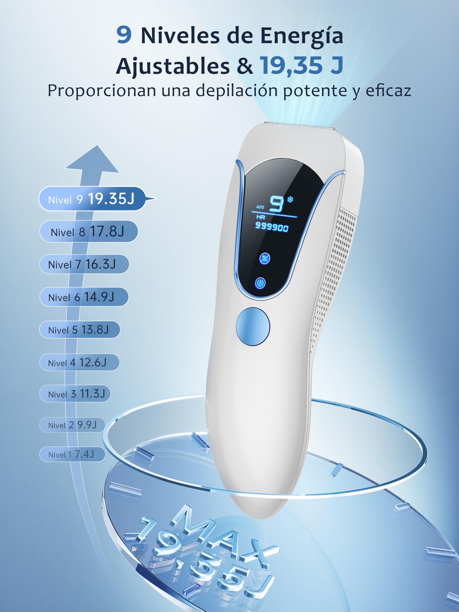 Depiladora Laser IPL con Función de Refrigeración 999,900 Flashes, Azul | 9 Niveles de Energía Depiladora Luz Pulsada con 2 Modos, 19.35J Laser Depilacion para Mujer y Hombre, Todo el Cuerpo