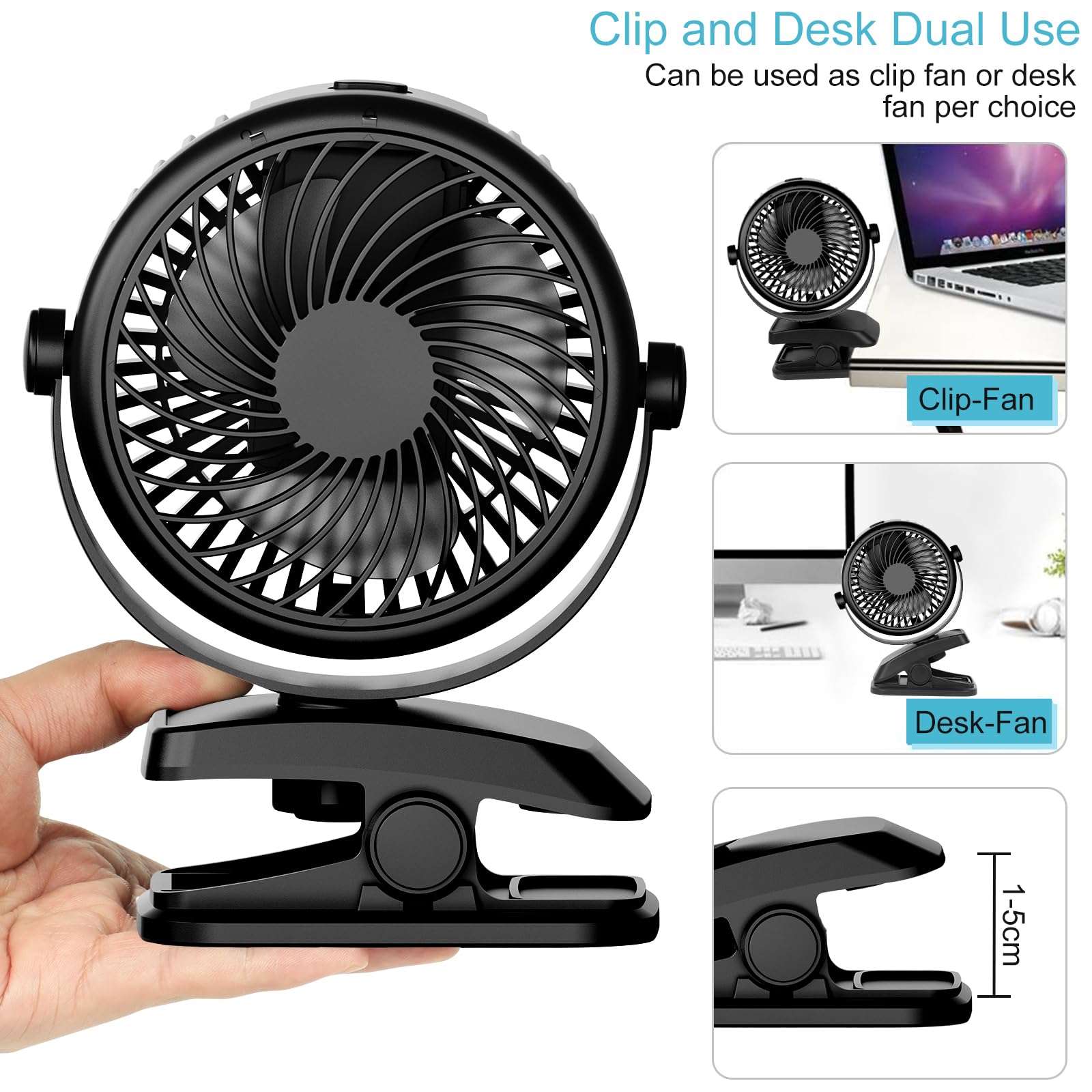 Mini ventilatore USB, ventilatore portatile silenzioso con batteria ricaricabile, 3 velocità, 360 velocità rotanti per camera da letto, ufficio, passeggino, campeggio