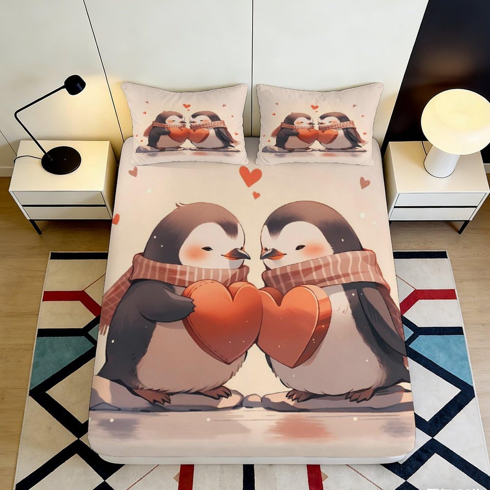3D Printed Cute Penguin Fitted Sheet Microfiber Soft Romantic Heart Cartoon Mattress Cover for Bedroom Guest Room Dorm Decor 90x200x25cm
